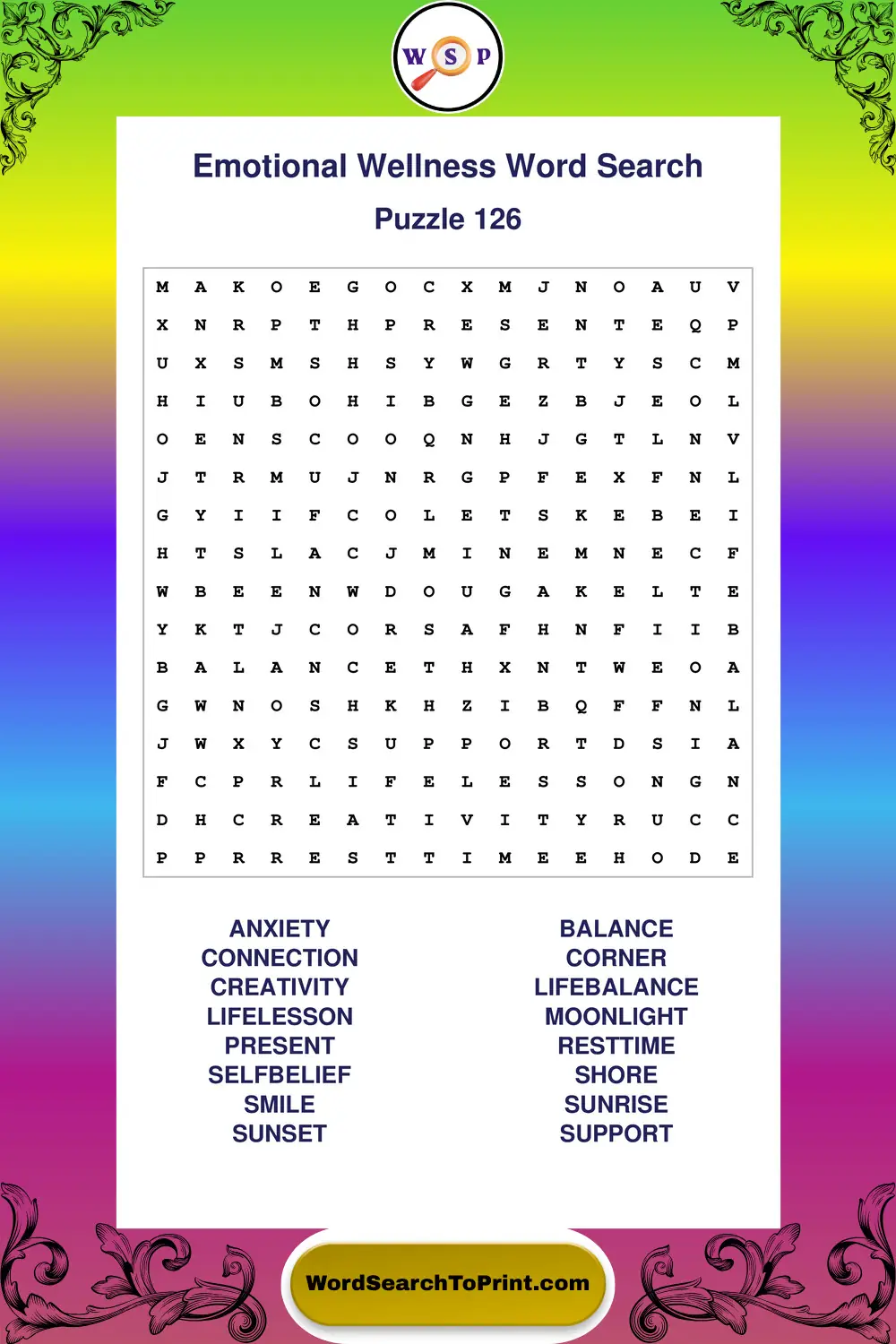 Emotional Wellness Word Search Puzzle 126