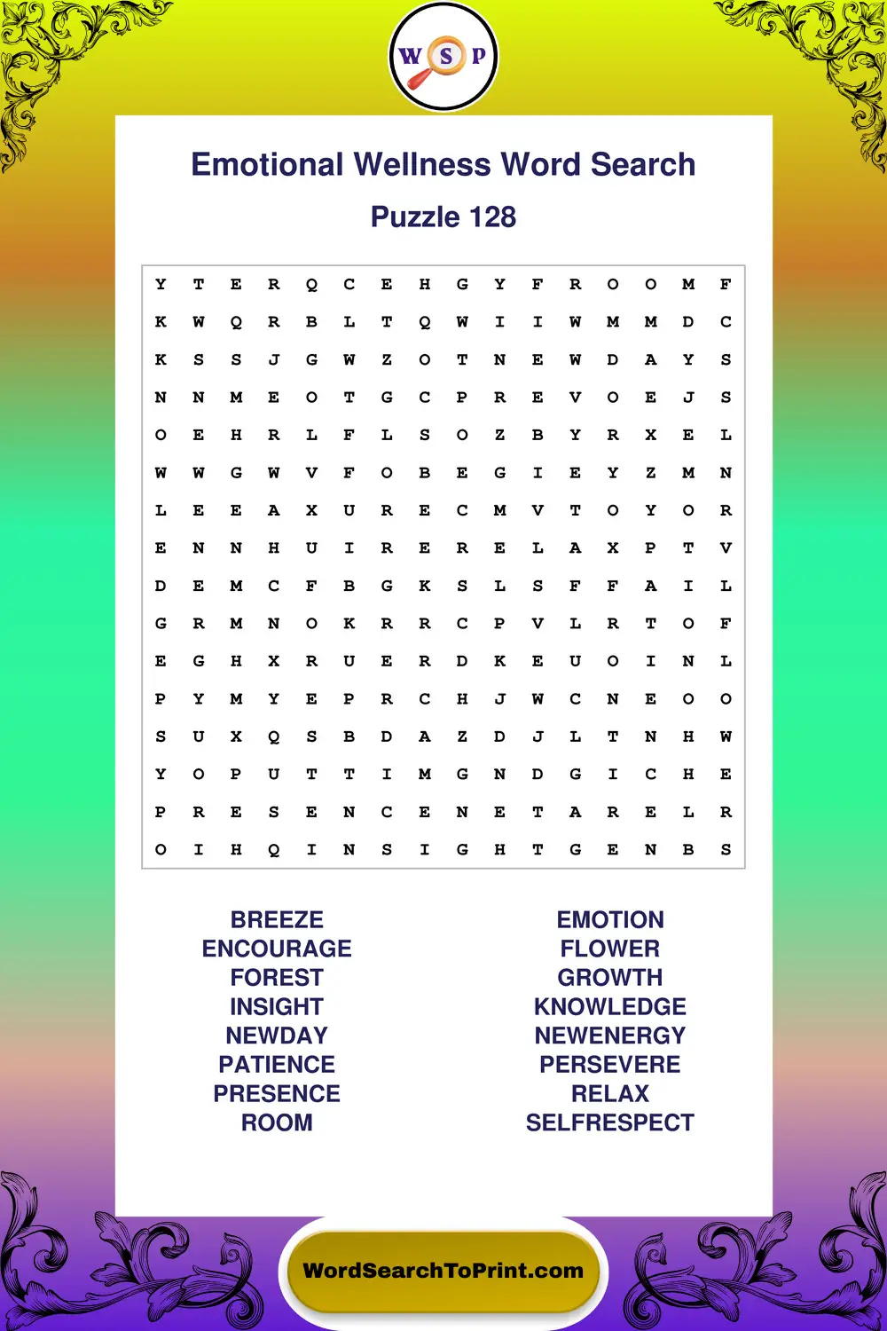 Emotional Wellness Word Search Puzzle 128