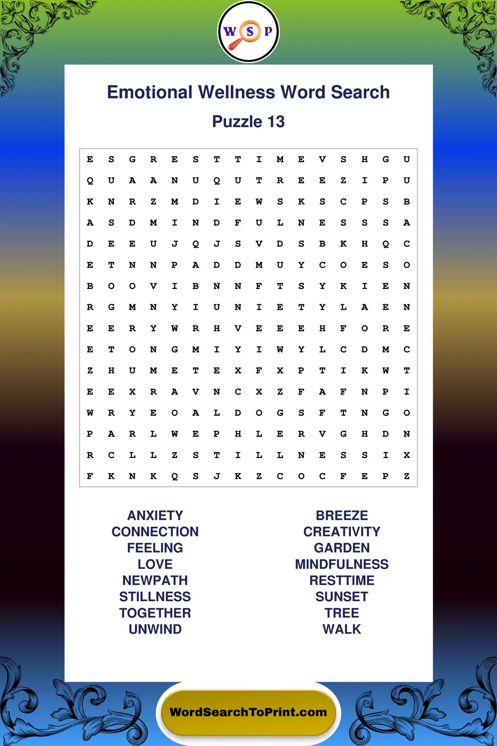 Emotional Wellness Word Search Puzzle 13