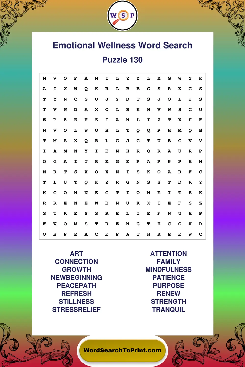 Emotional Wellness Word Search Puzzle 130