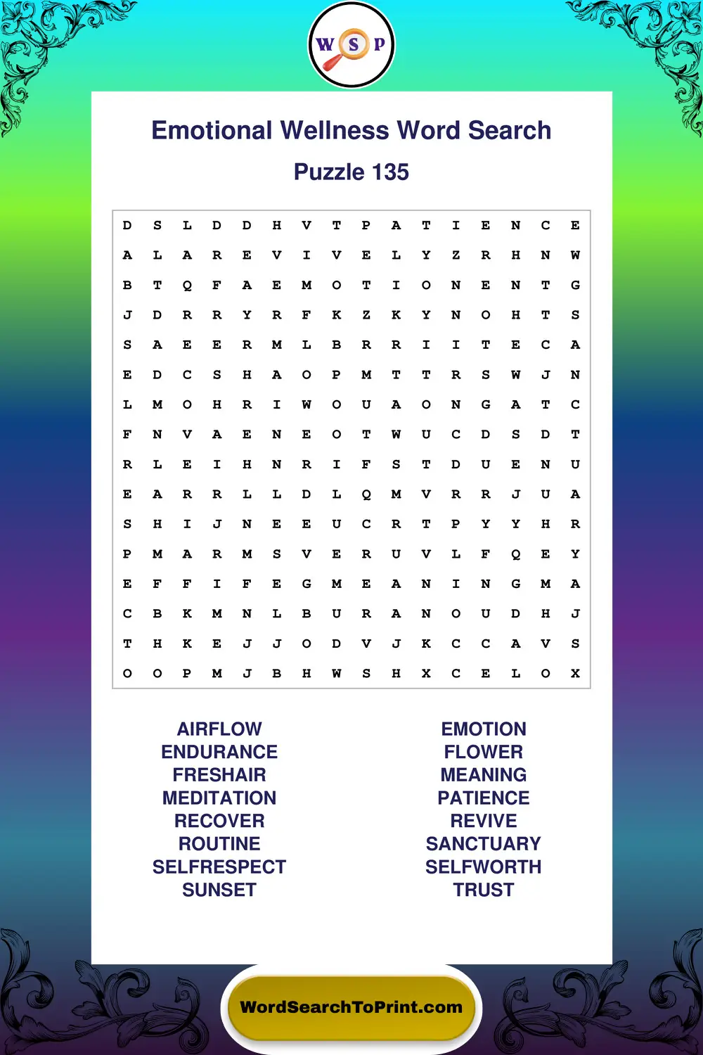 Emotional Wellness Word Search Puzzle 135