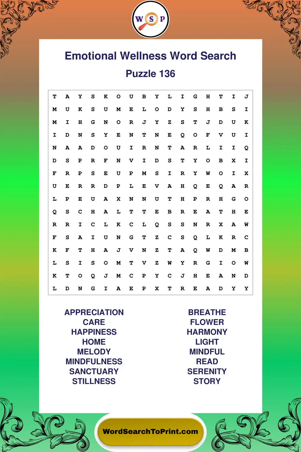 Emotional Wellness Word Search Puzzle 136