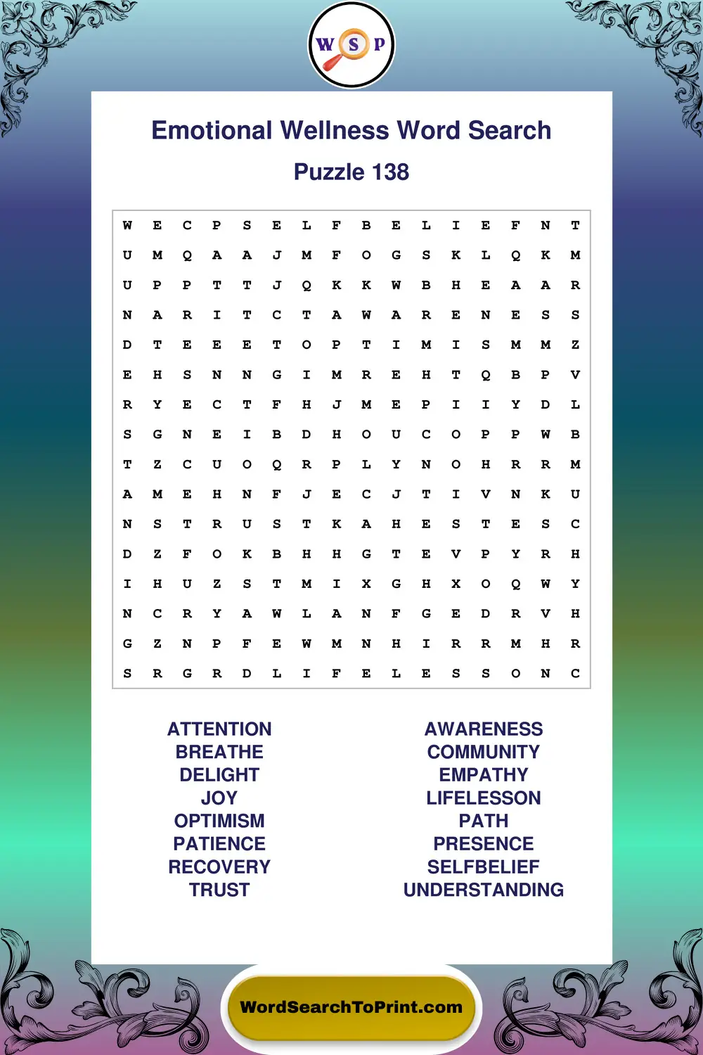 Emotional Wellness Word Search Puzzle 138