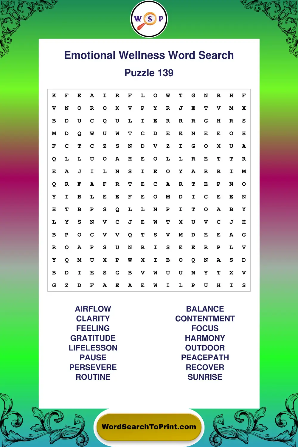 Emotional Wellness Word Search Puzzle 139