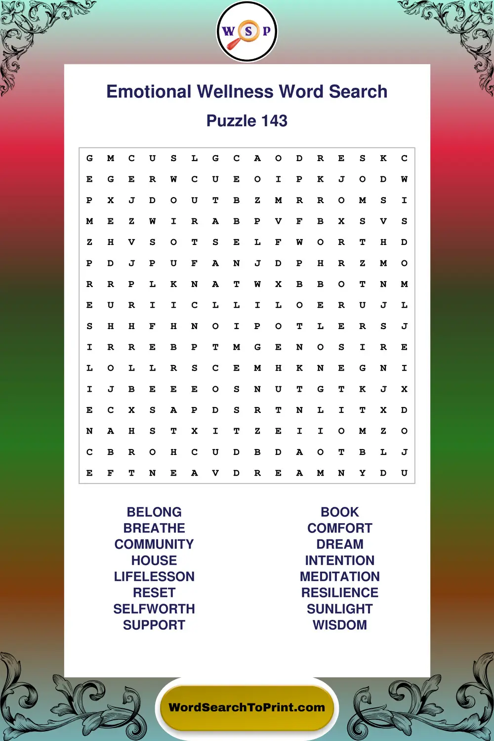 Emotional Wellness Word Search Puzzle 143