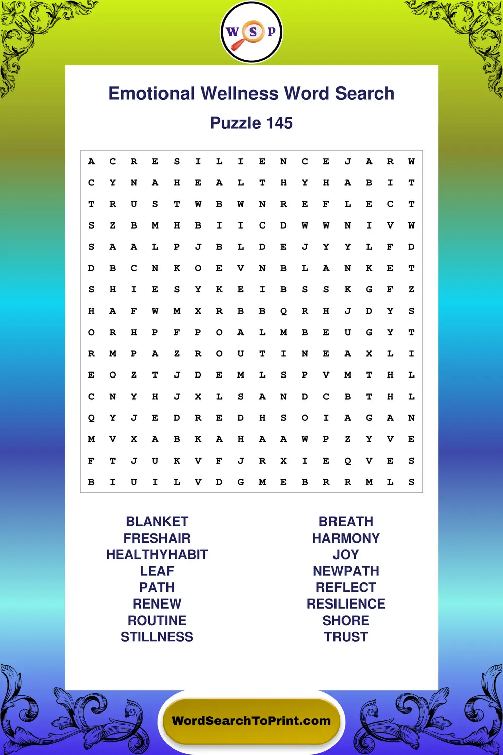 Emotional Wellness Word Search Puzzle 145
