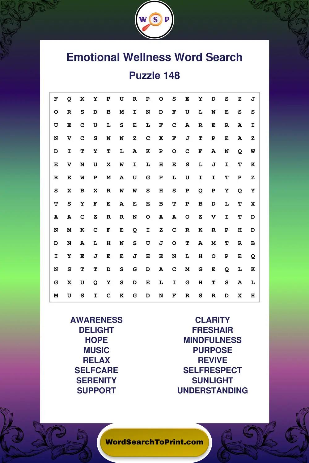 Emotional Wellness Word Search Puzzle 148