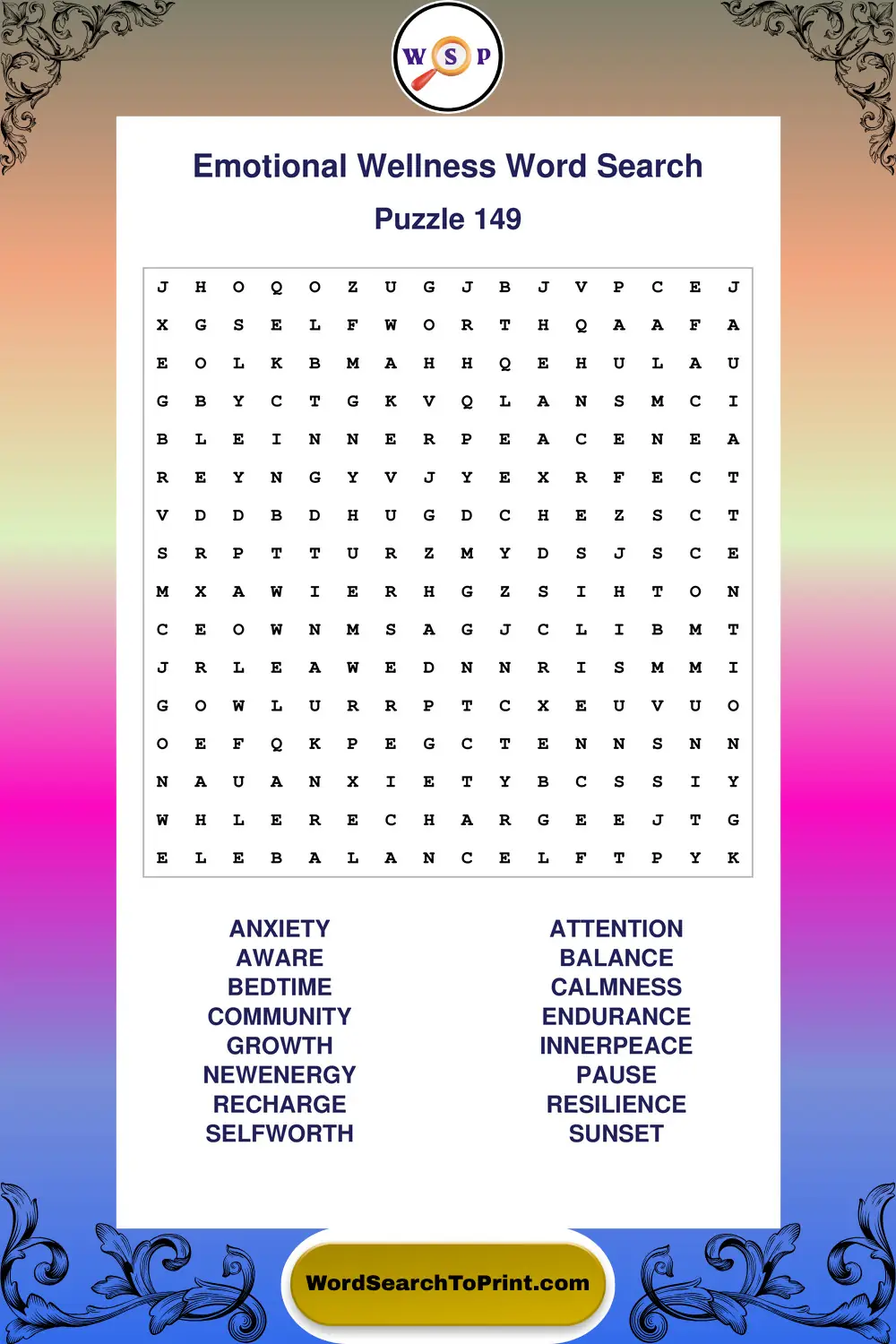 Emotional Wellness Word Search Puzzle 149