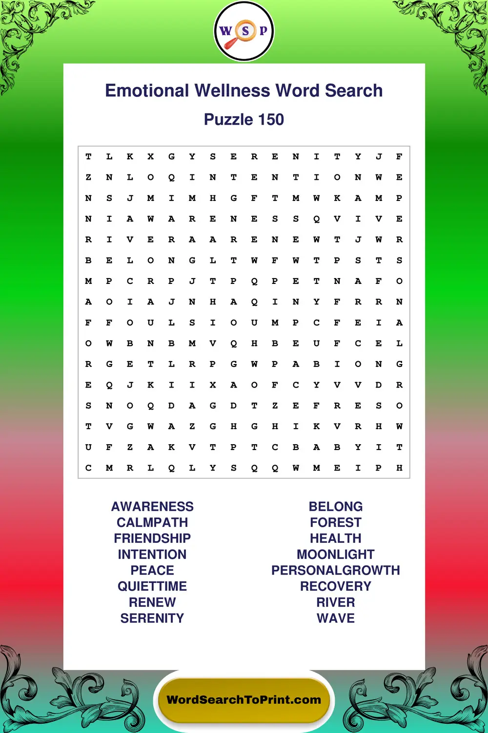 Emotional Wellness Word Search Puzzle 150