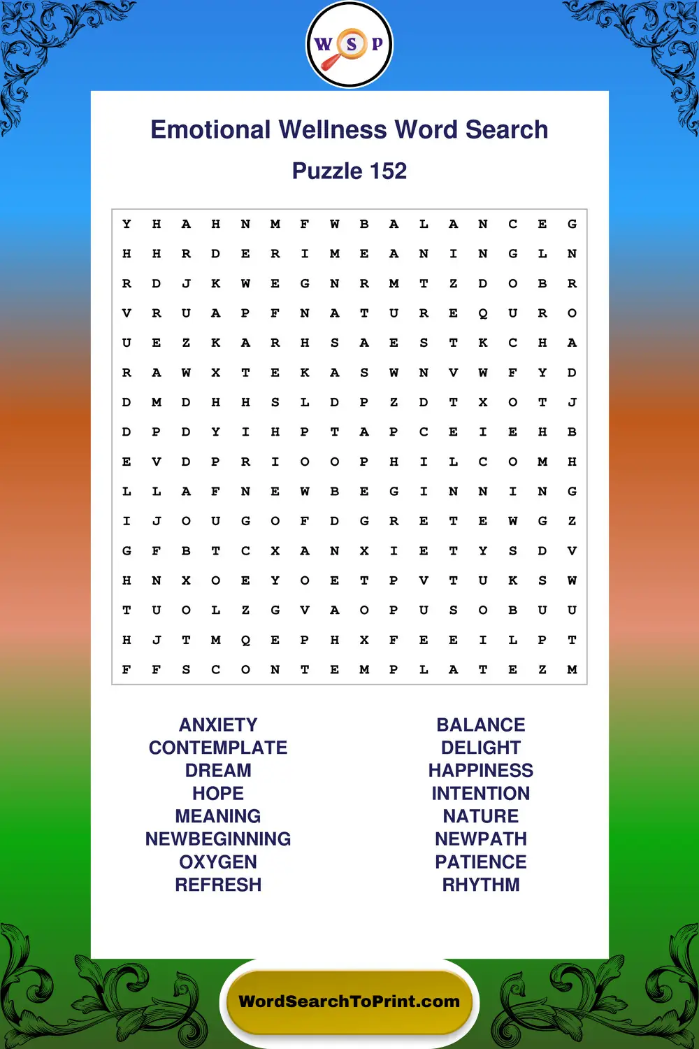 Emotional Wellness Word Search Puzzle 152
