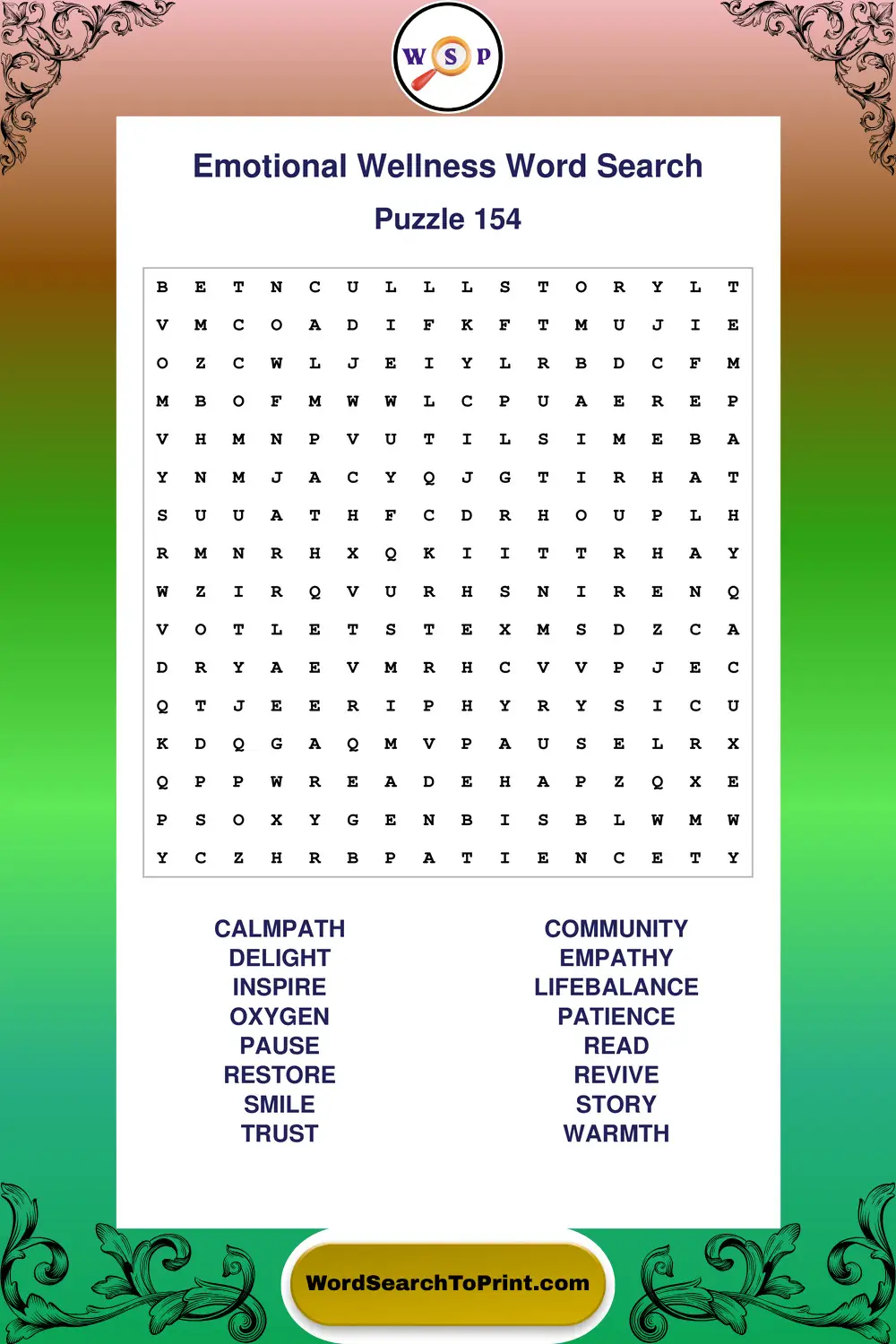 Emotional Wellness Word Search Puzzle 154