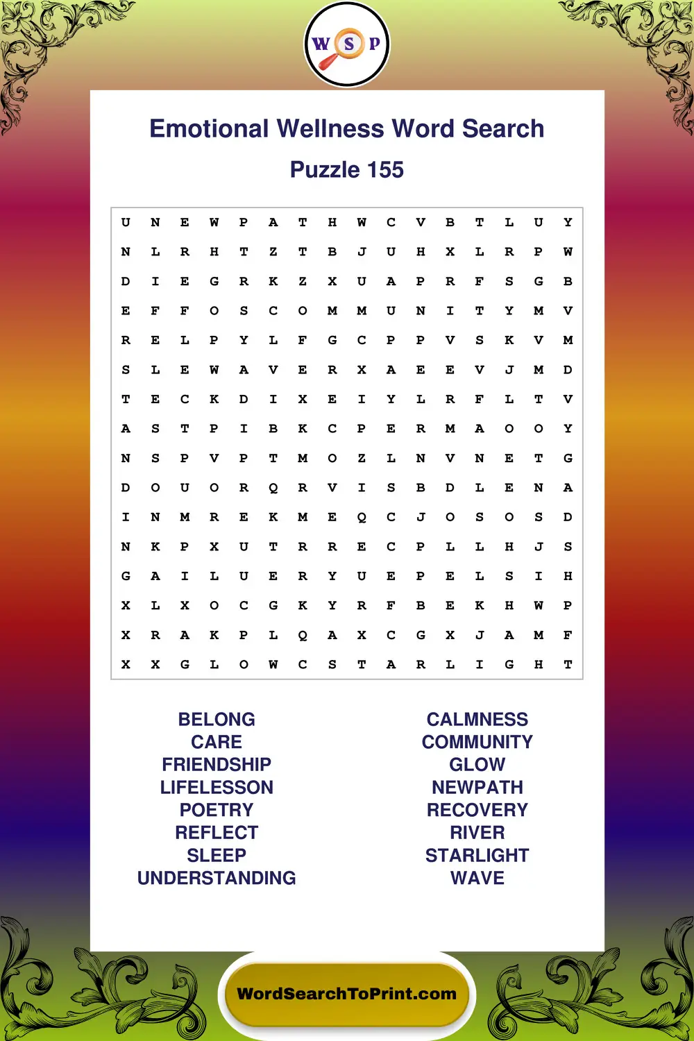 Emotional Wellness Word Search Puzzle 155