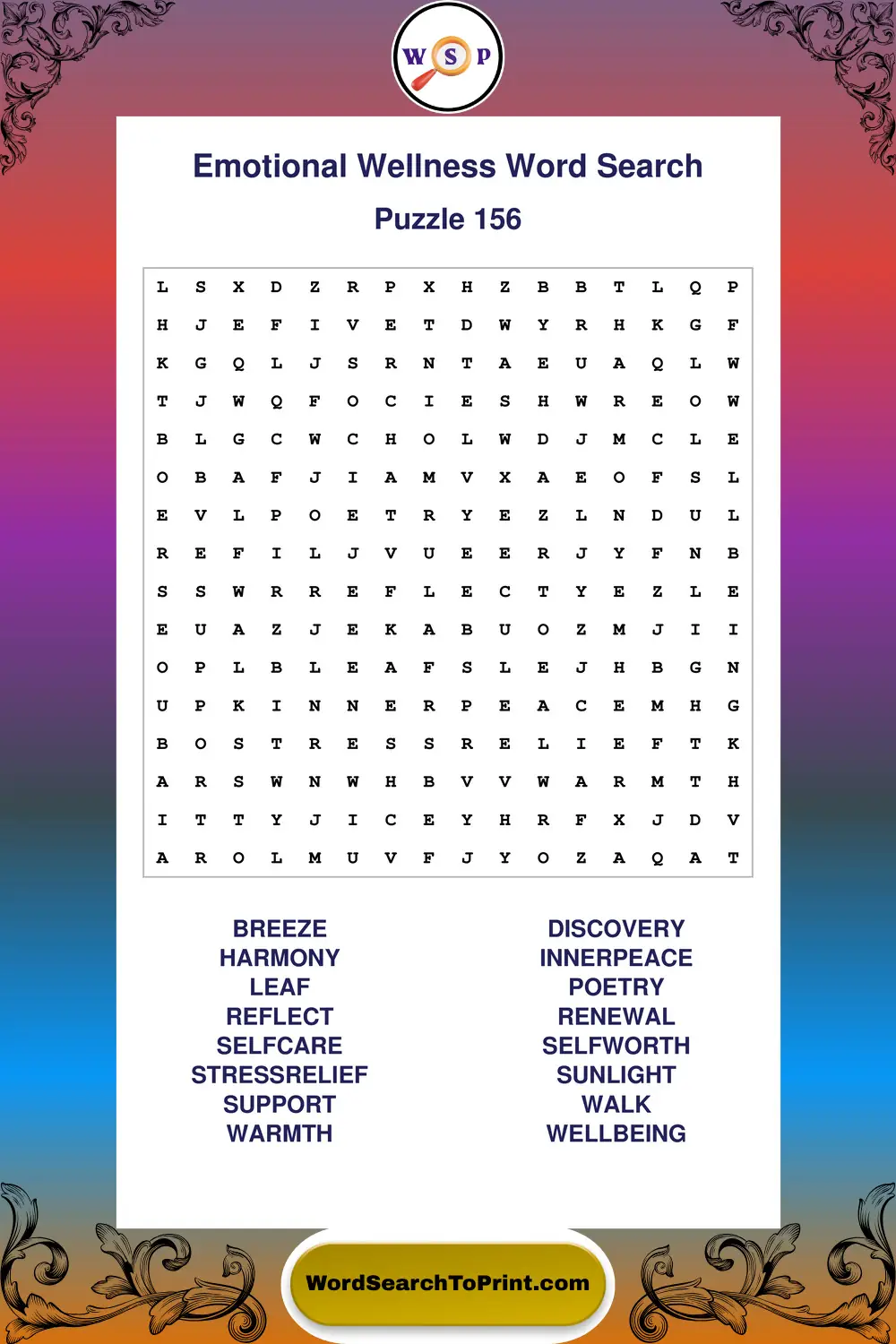 Emotional Wellness Word Search Puzzle 156