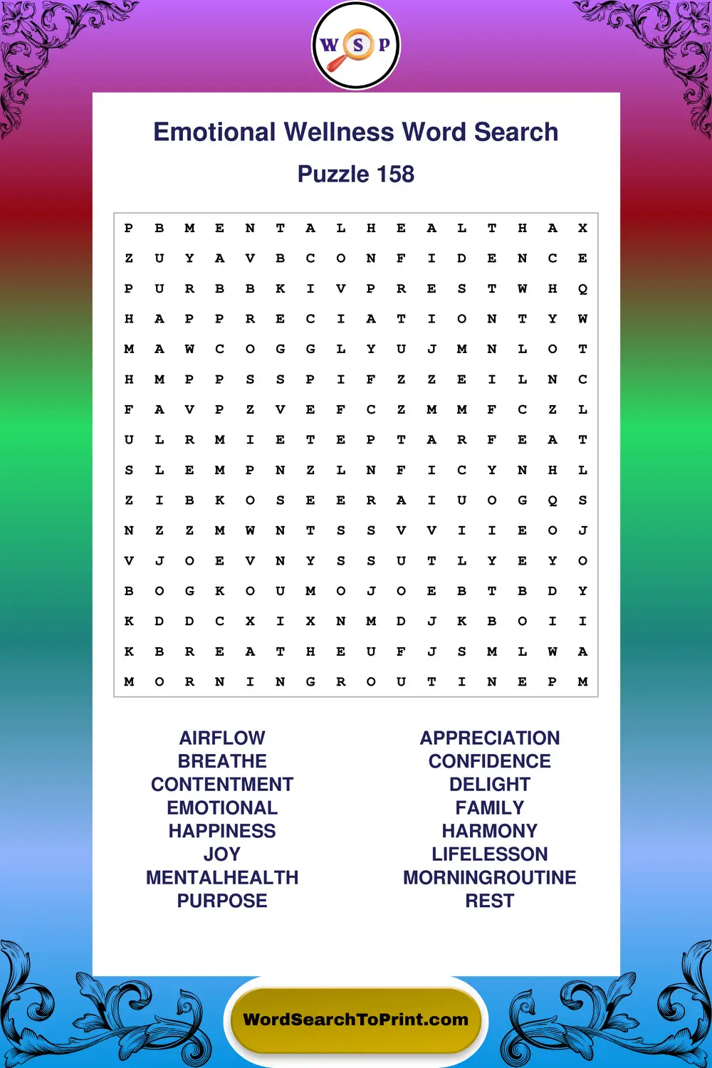Emotional Wellness Word Search Puzzle 158