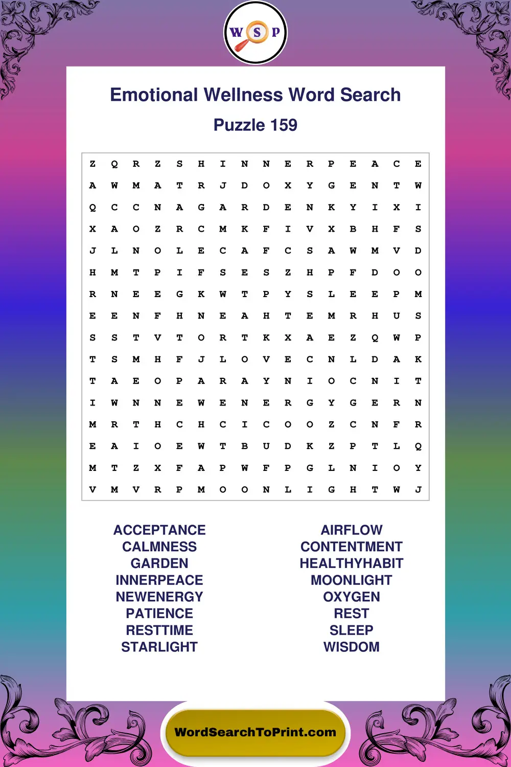 Emotional Wellness Word Search Puzzle 159