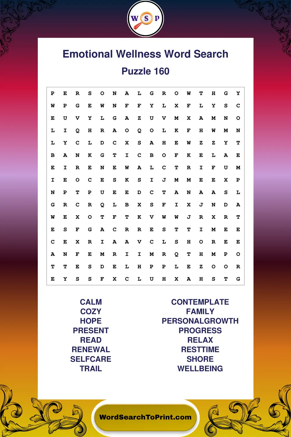 Emotional Wellness Word Search Puzzle 160
