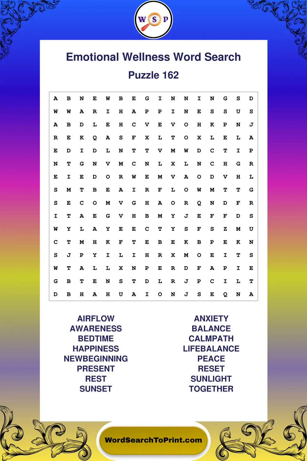 Emotional Wellness Word Search Puzzle 162