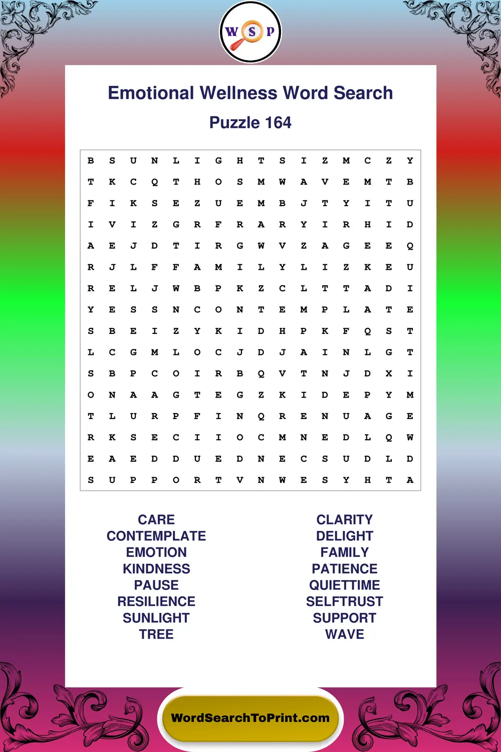 Emotional Wellness Word Search Puzzle 164