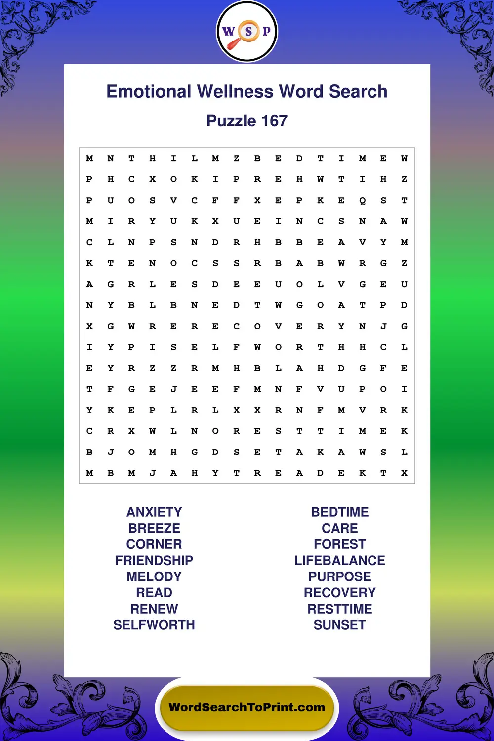 Emotional Wellness Word Search Puzzle 167