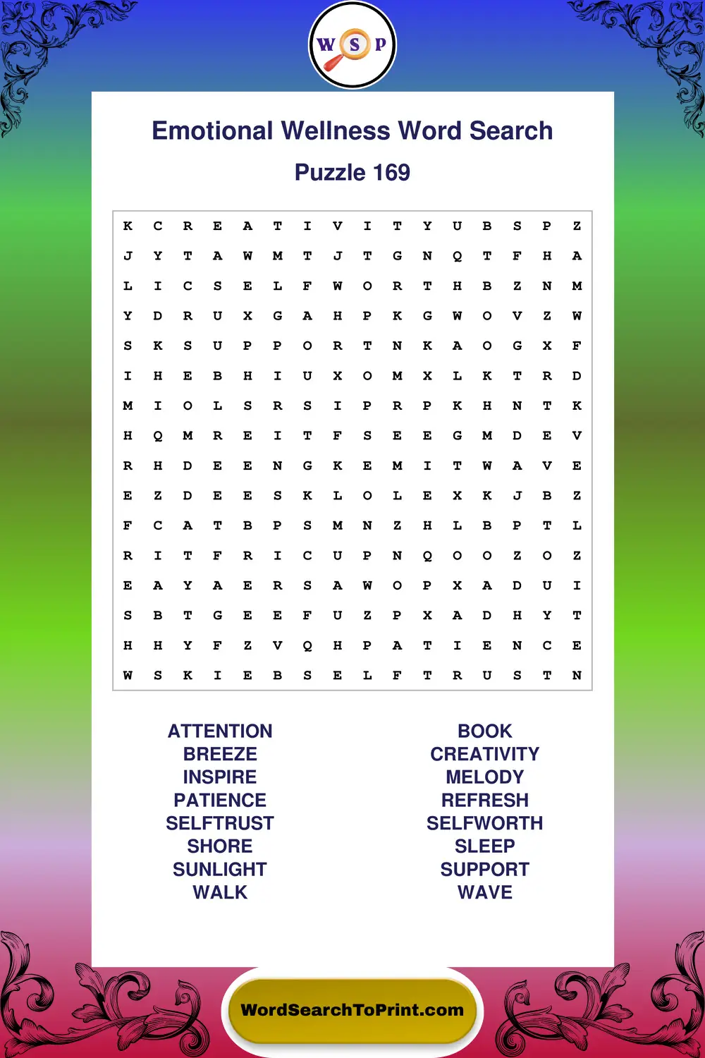 Emotional Wellness Word Search Puzzle 169
