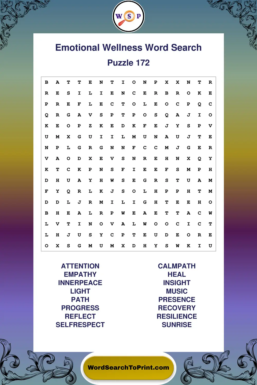 Emotional Wellness Word Search Puzzle 172