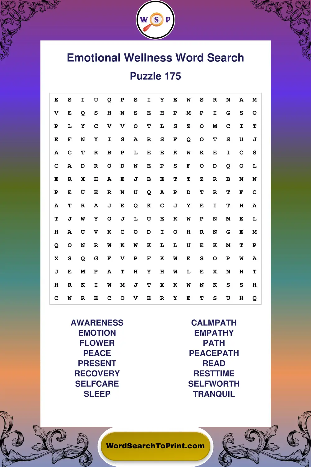 Emotional Wellness Word Search Puzzle 175