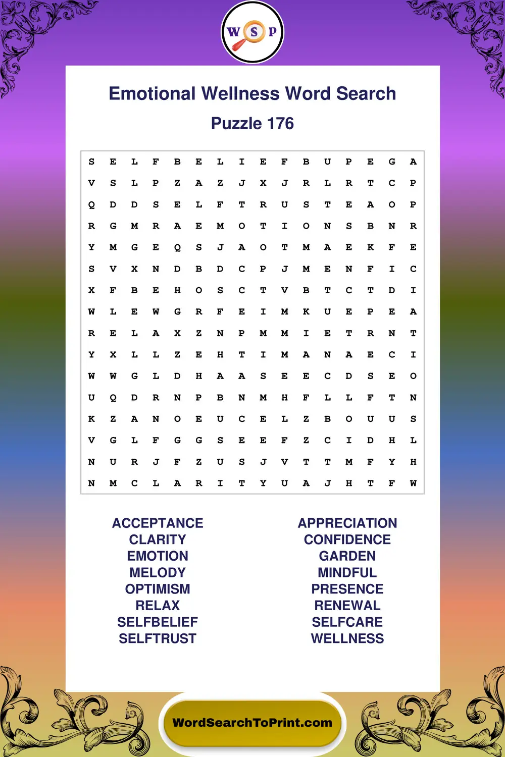 Emotional Wellness Word Search Puzzle 176