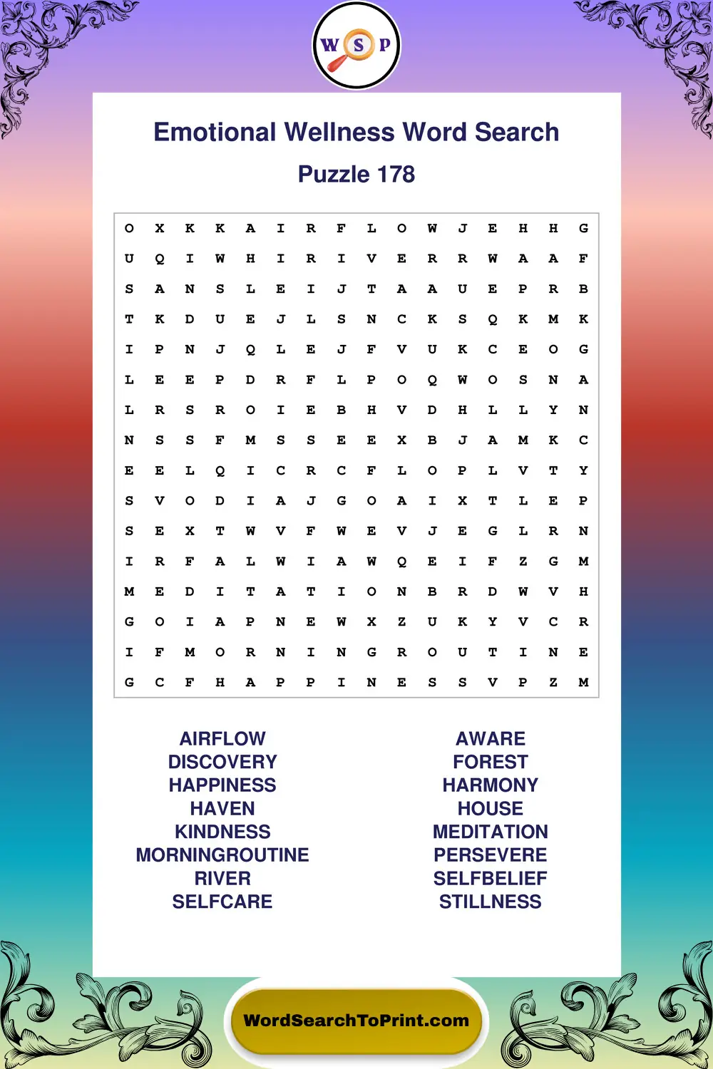 Emotional Wellness Word Search Puzzle 178
