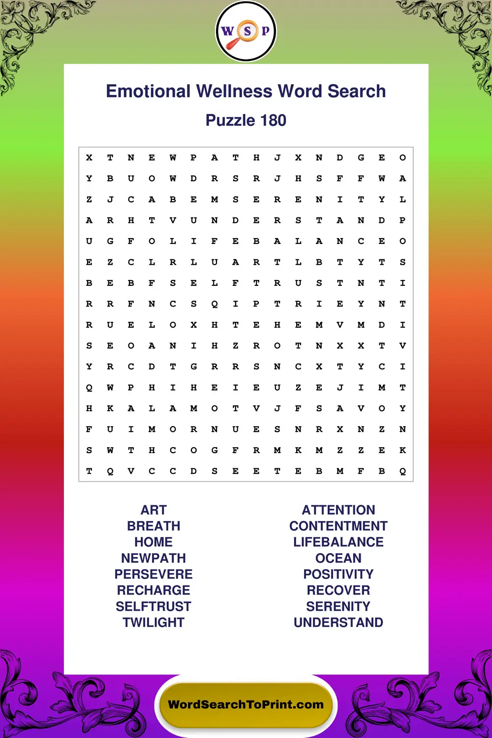 Emotional Wellness Word Search Puzzle 180