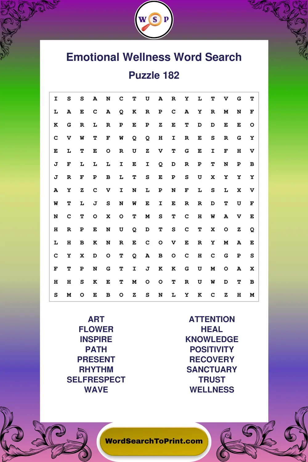 Emotional Wellness Word Search Puzzle 182