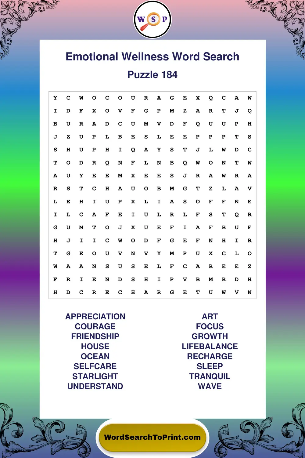 Emotional Wellness Word Search Puzzle 184