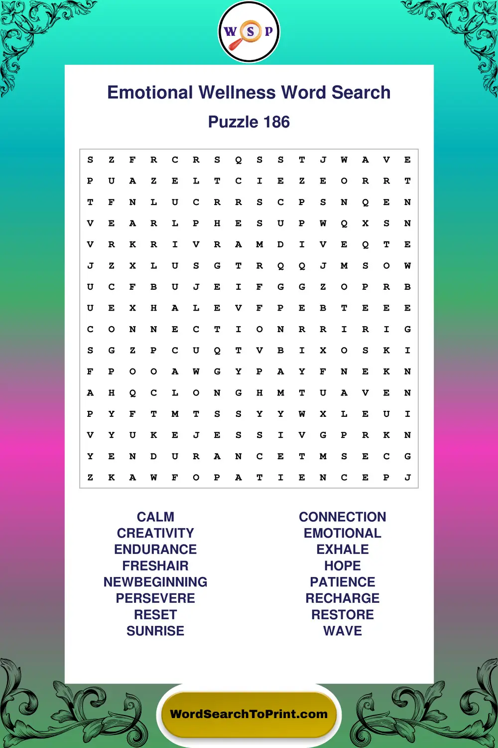 Emotional Wellness Word Search Puzzle 186