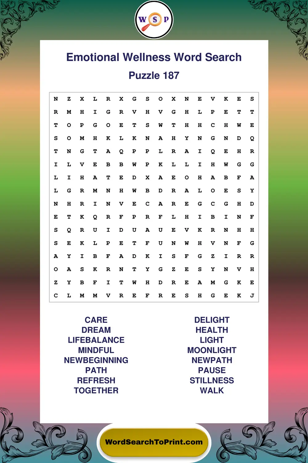 Emotional Wellness Word Search Puzzle 187
