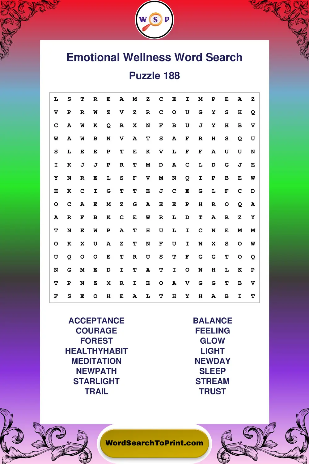 Emotional Wellness Word Search Puzzle 188