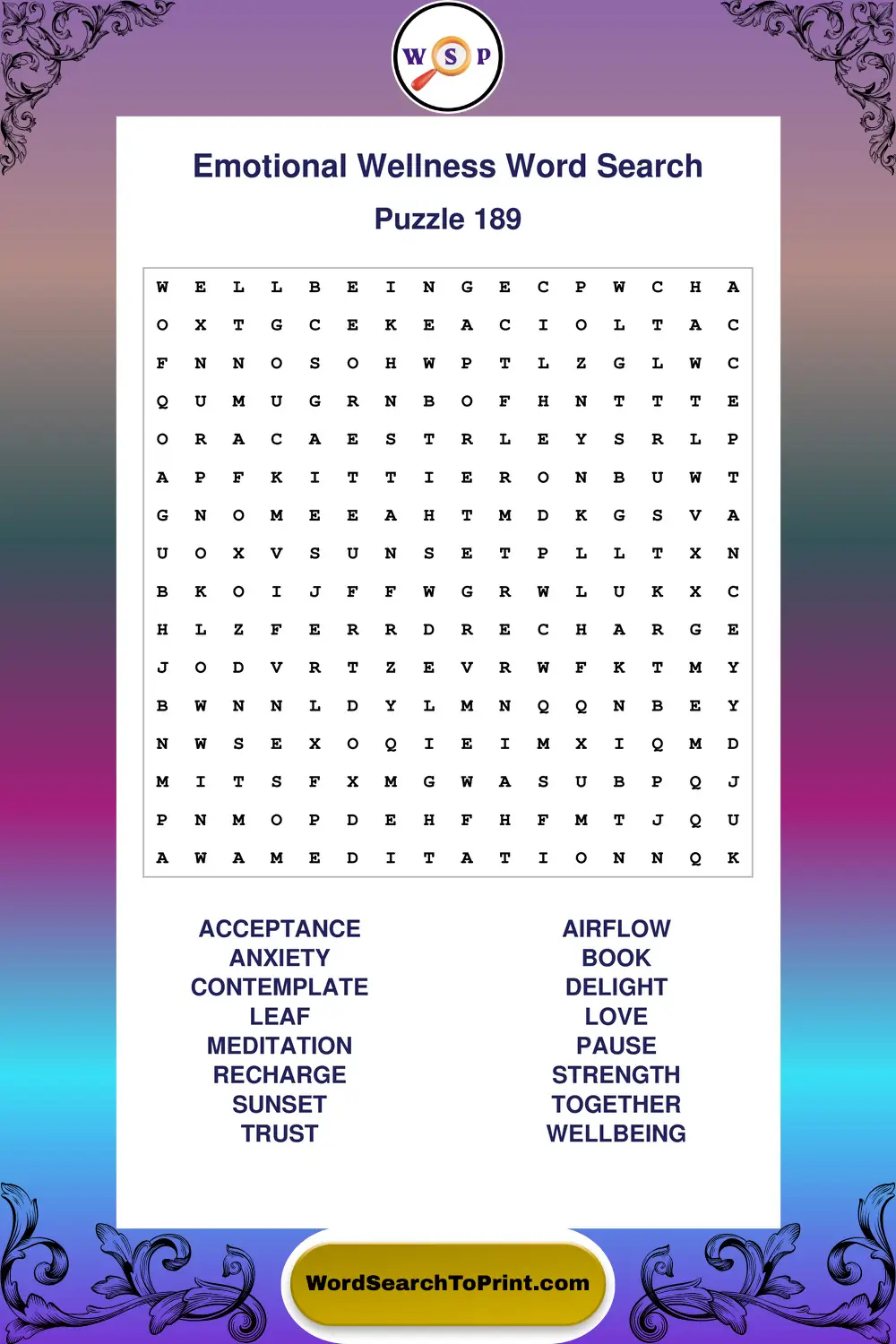 Emotional Wellness Word Search Puzzle 189