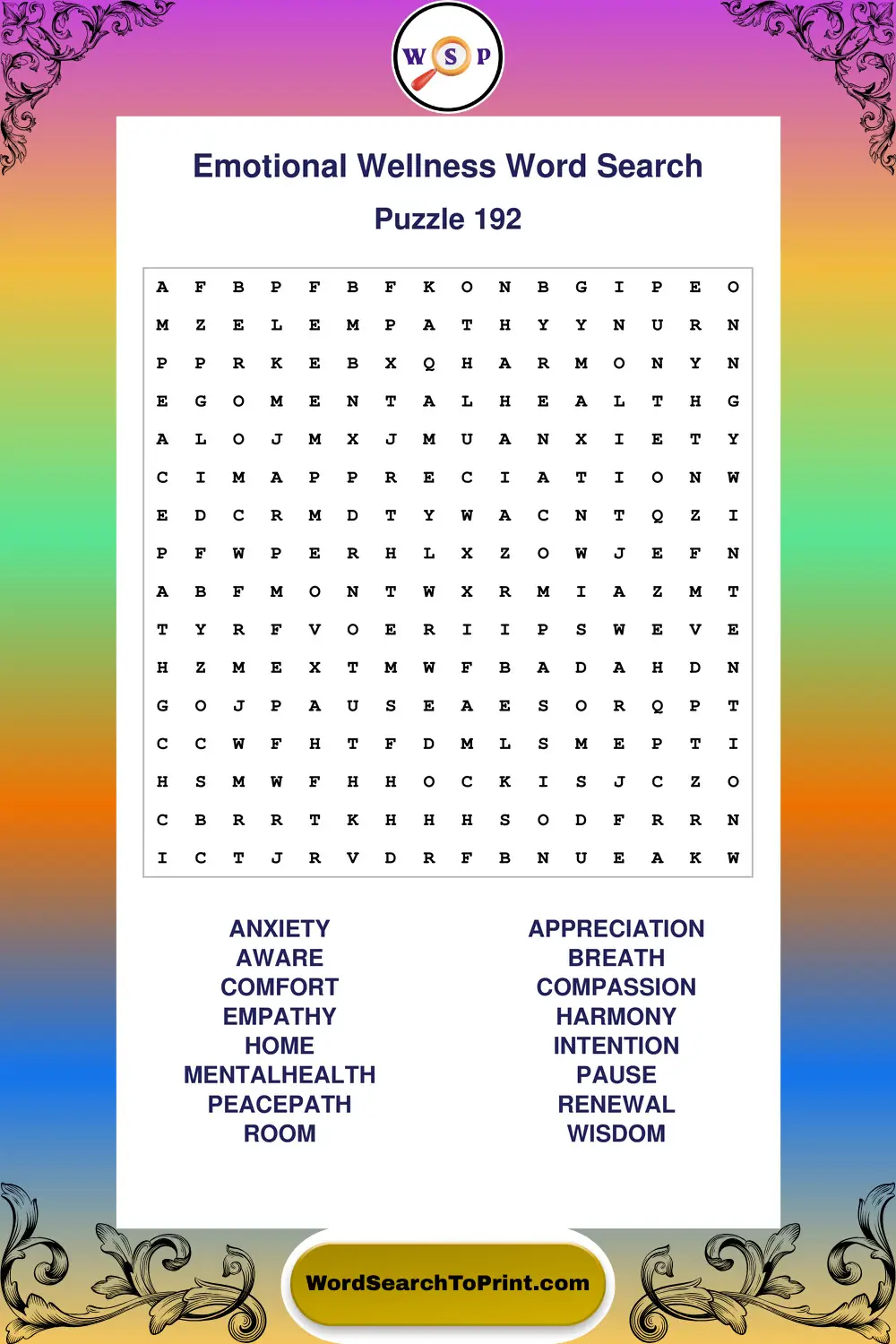 Emotional Wellness Word Search Puzzle 192
