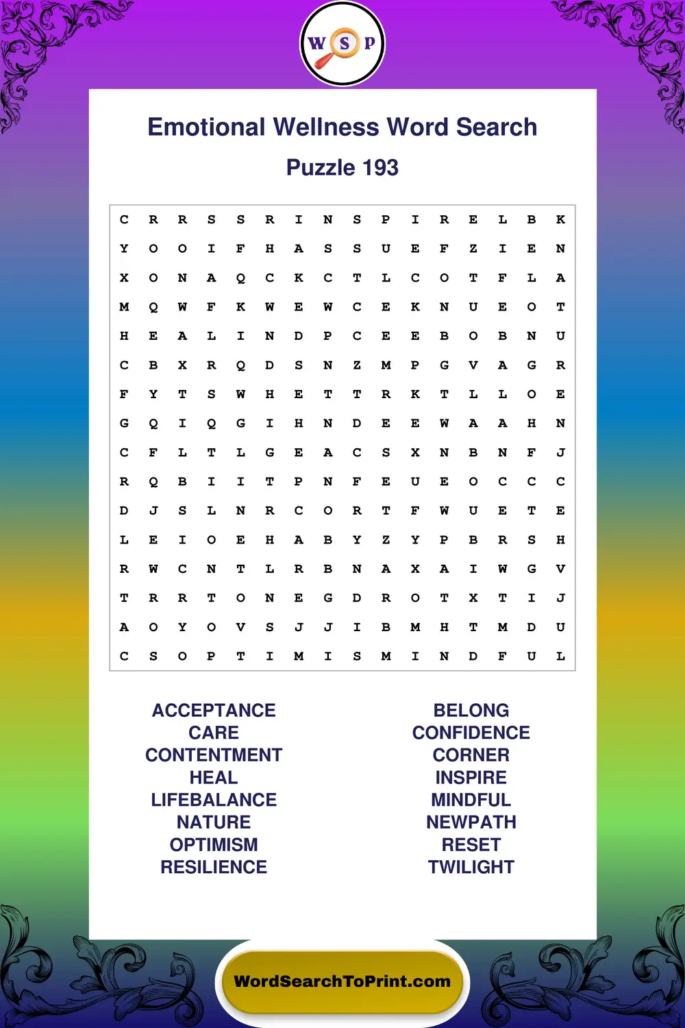 Emotional Wellness Word Search Puzzle 193