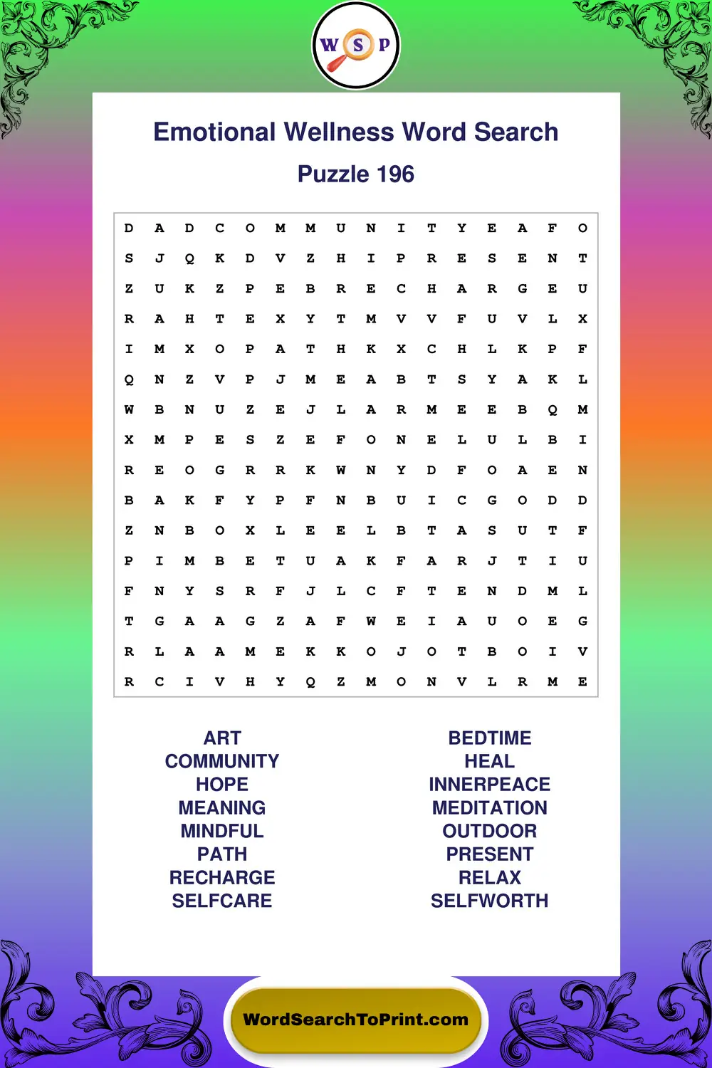 Emotional Wellness Word Search Puzzle 196