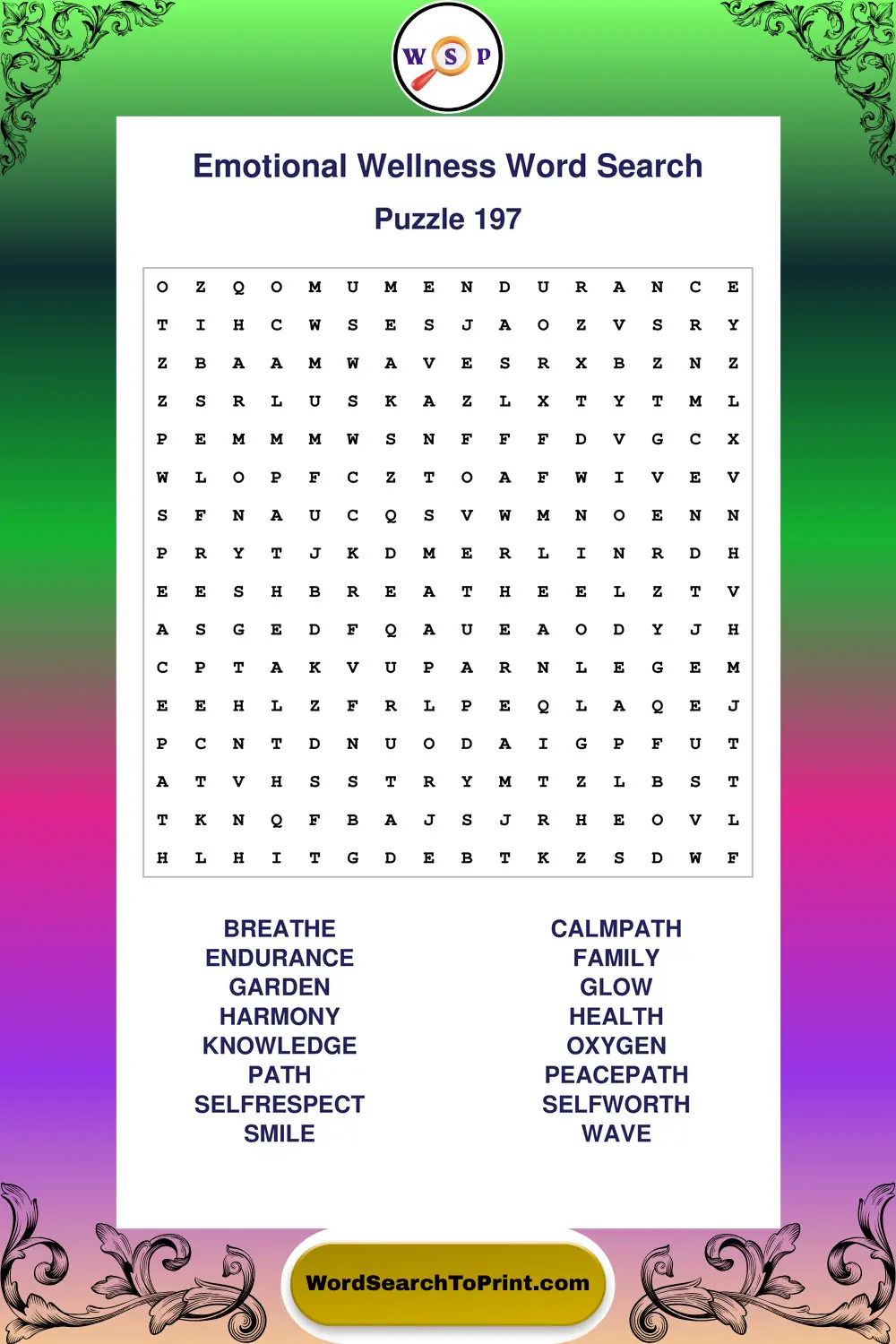 Emotional Wellness Word Search Puzzle 197