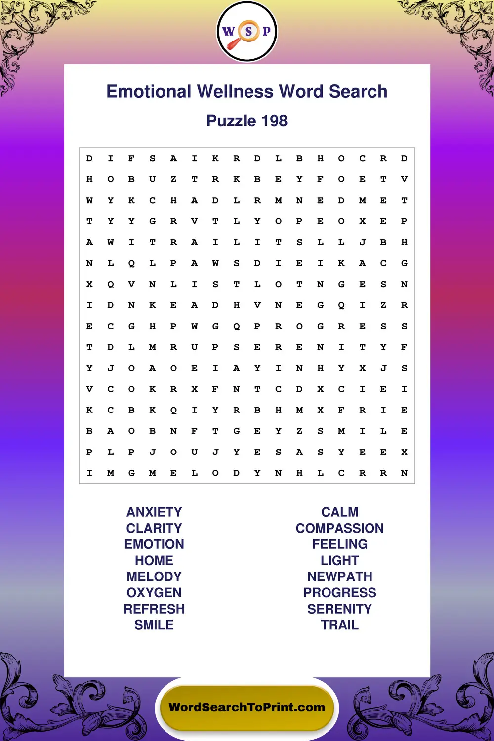 Emotional Wellness Word Search Puzzle 198