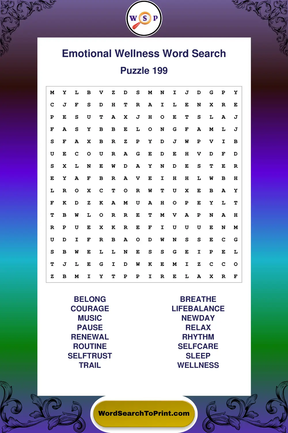 Emotional Wellness Word Search Puzzle 199