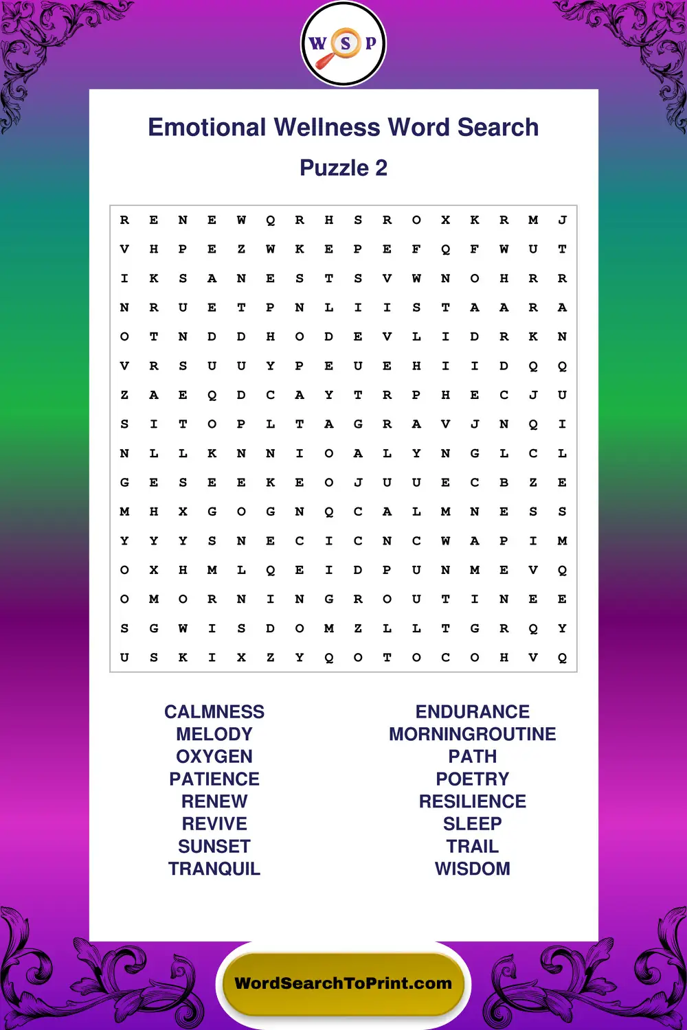 Emotional Wellness Word Search Puzzle 2