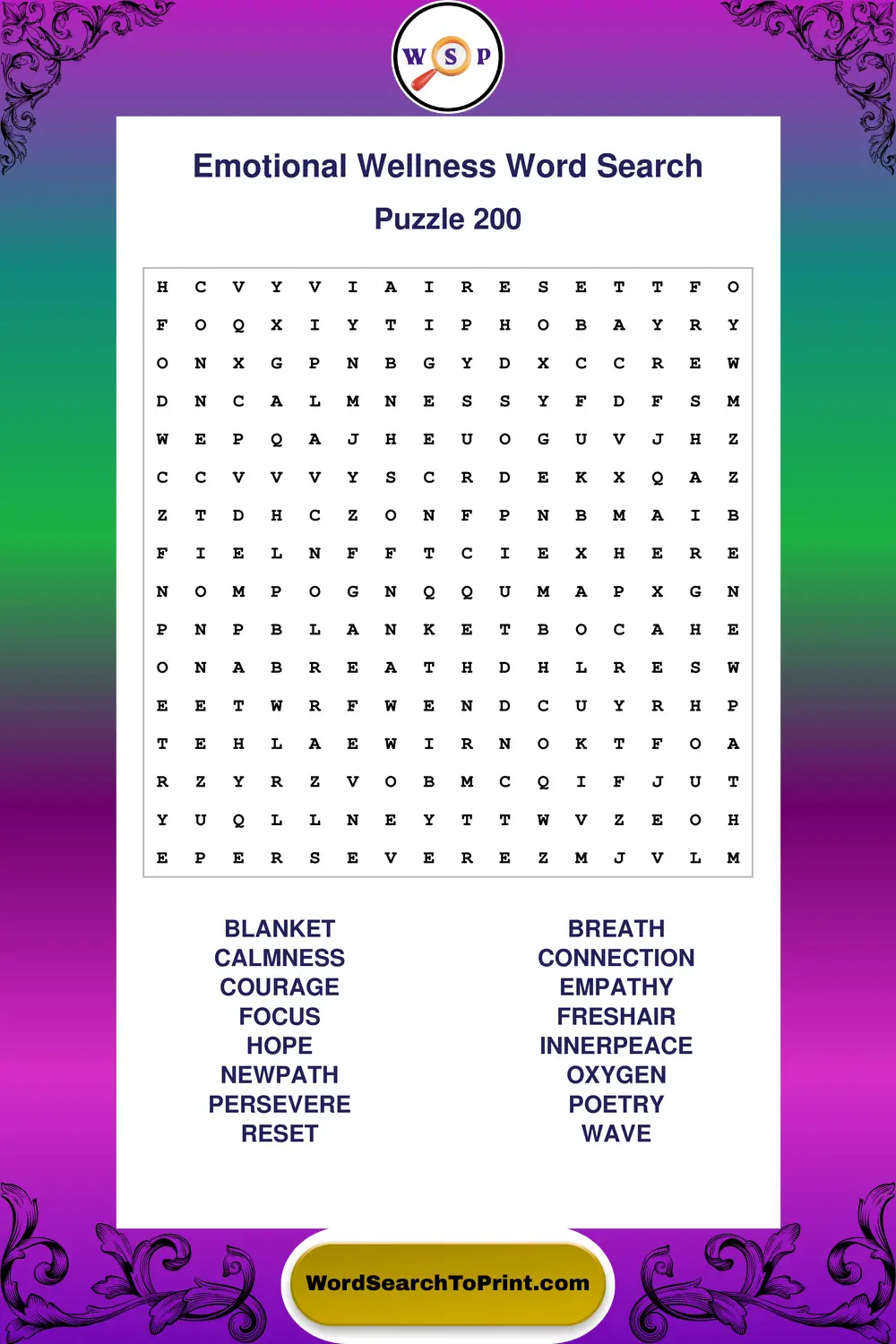 Emotional Wellness Word Search Puzzle 200