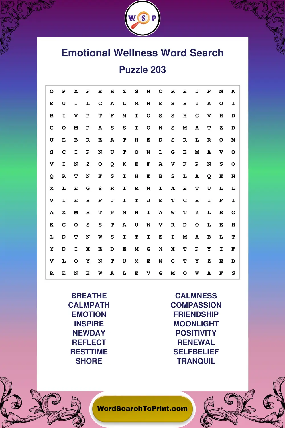 Emotional Wellness Word Search Puzzle 203
