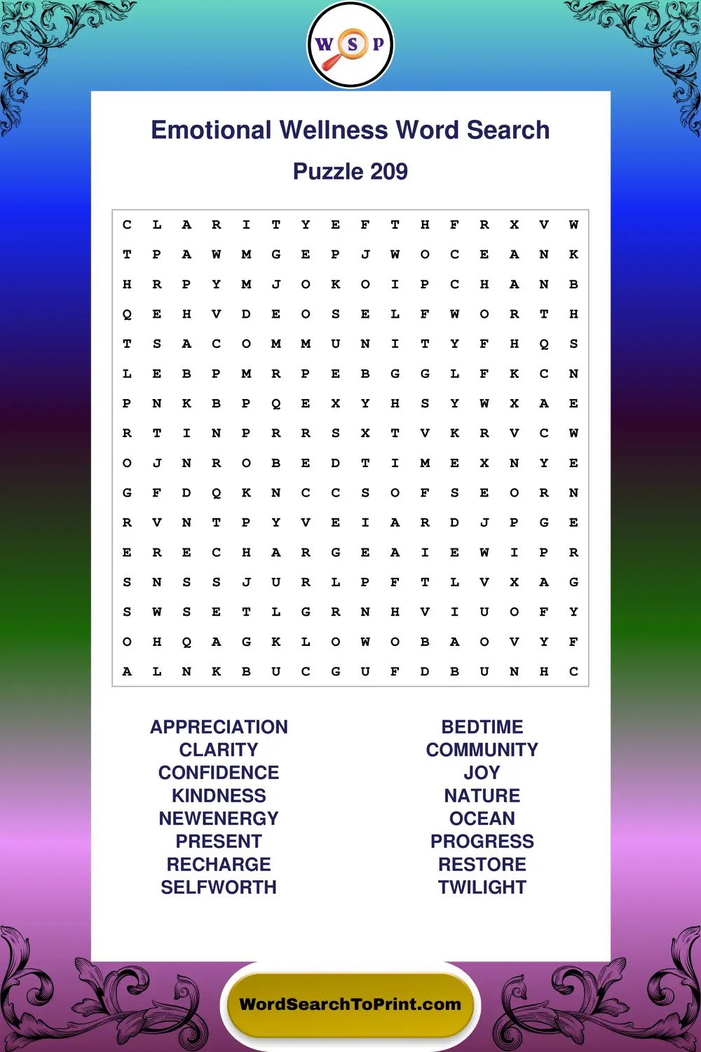 Emotional Wellness Word Search Puzzle 209