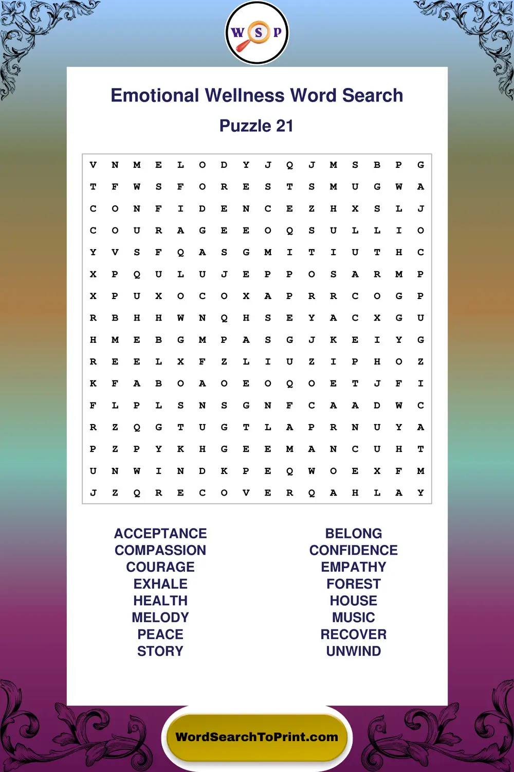 Emotional Wellness Word Search Puzzle 21