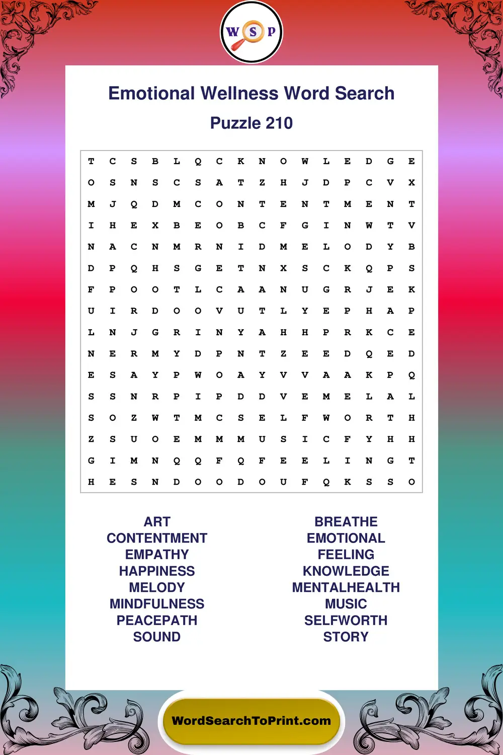 Emotional Wellness Word Search Puzzle 210