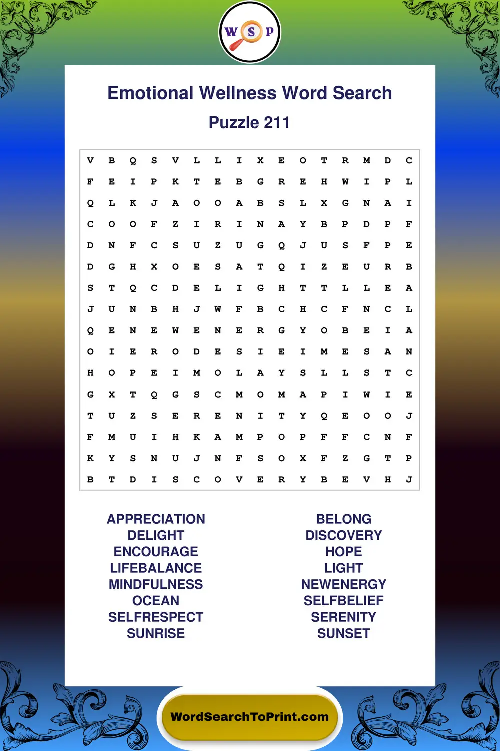 Emotional Wellness Word Search Puzzle 211