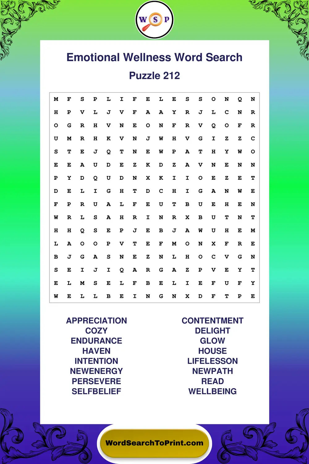 Emotional Wellness Word Search Puzzle 212