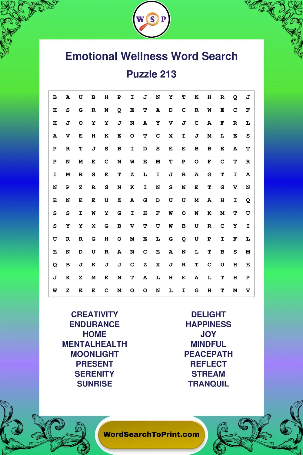 Emotional Wellness Word Search Puzzle 213
